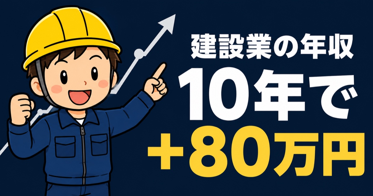 建設業の年収が10年で80万円上がったことを示すアイキャッチ画像